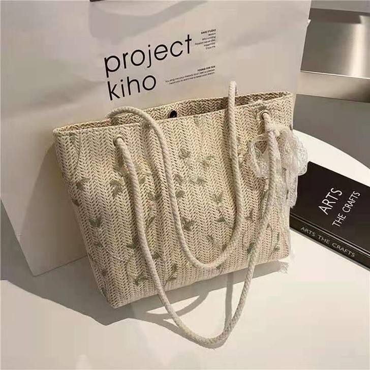 夏季小清新蕾丝大容量托特包女草编洋气单肩沙...
