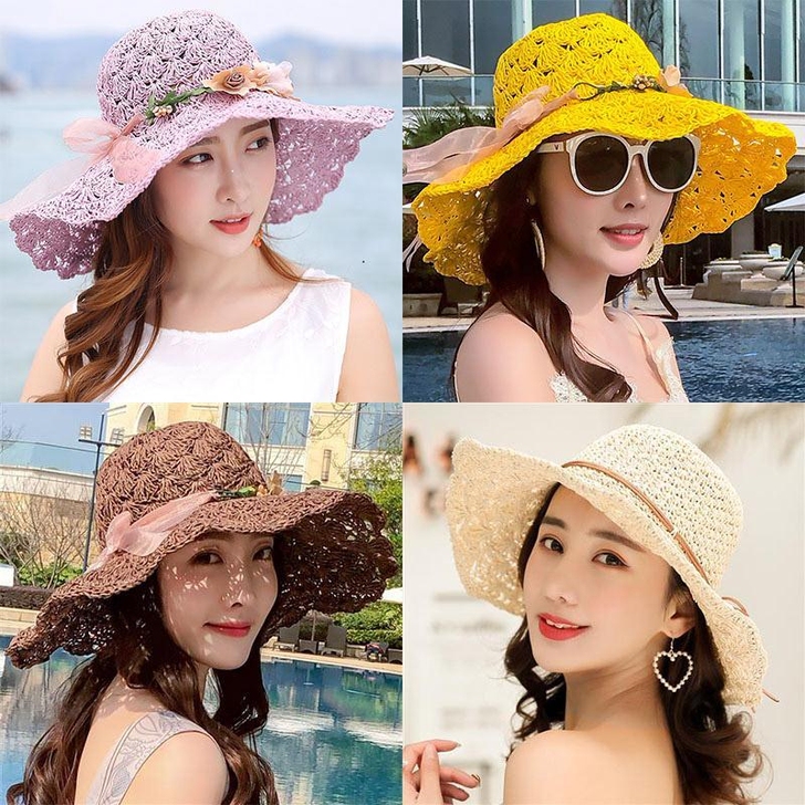 草帽女花环夏天海边度假遮阳帽韩版太阳帽可折...