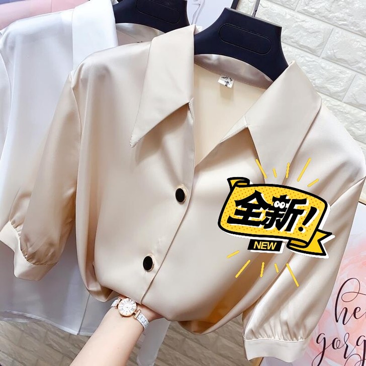 全新29.9包邮港味尖翻领雪纺短袖衬衫女夏...
