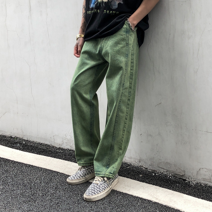 春夏牛仔裤宽松直筒阔腿拖地裤复古绿色水洗做...