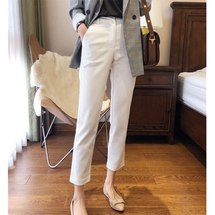 白色高端西装裤子女裤修身九分裤高腰显瘦休闲...