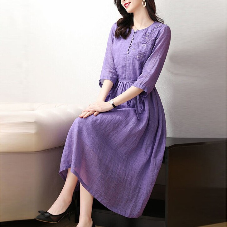 【有口袋】紫色棉麻连衣裙女装夏新款2021...