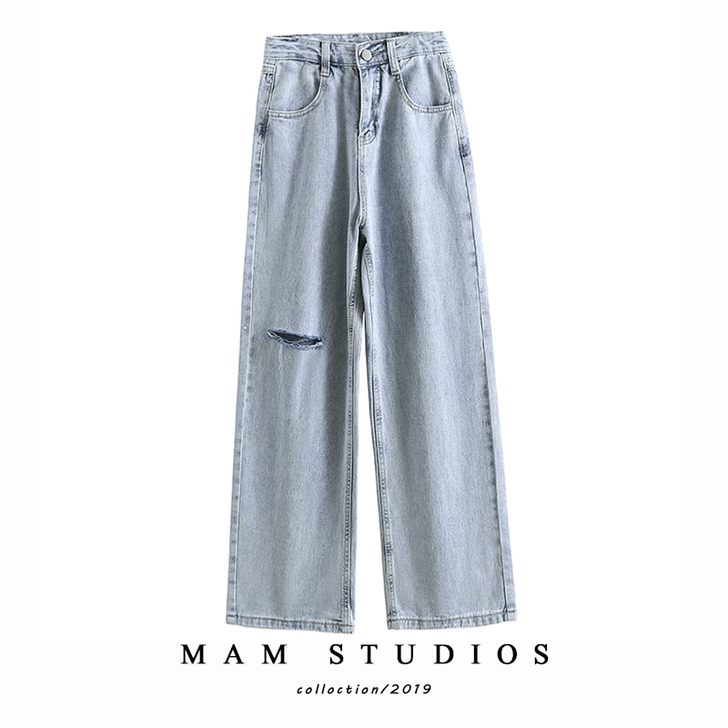 泫雅牛仔阔腿裤女高腰韩版休闲宽松薄款复古老...