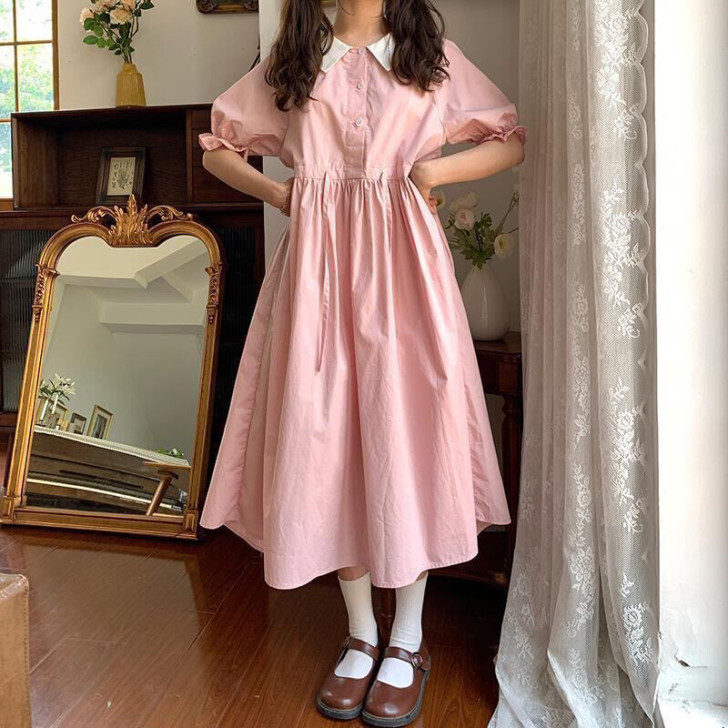 学院风夏季新款短袖娃娃领连衣裙女韩版学生宽...