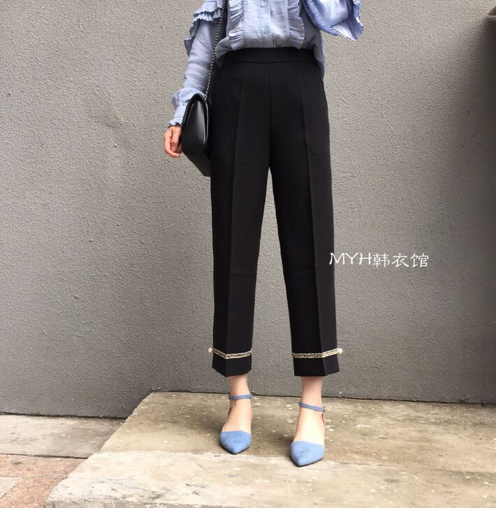 韩国东大门女松紧腰裤脚珍珠金线小香风直筒显...