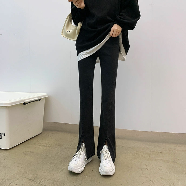 开叉牛仔裤女秋装新款显瘦拖地直筒阔腿开叉微...