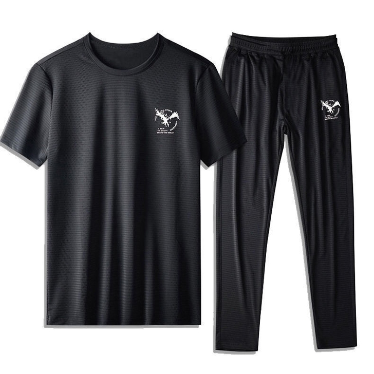 速干运动套装冰丝男士休闲套装网眼短袖长裤大...