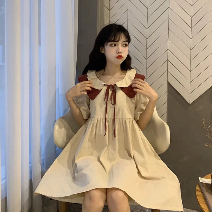 新款小清新系带娃娃领中长裙子学院风连衣裙女...