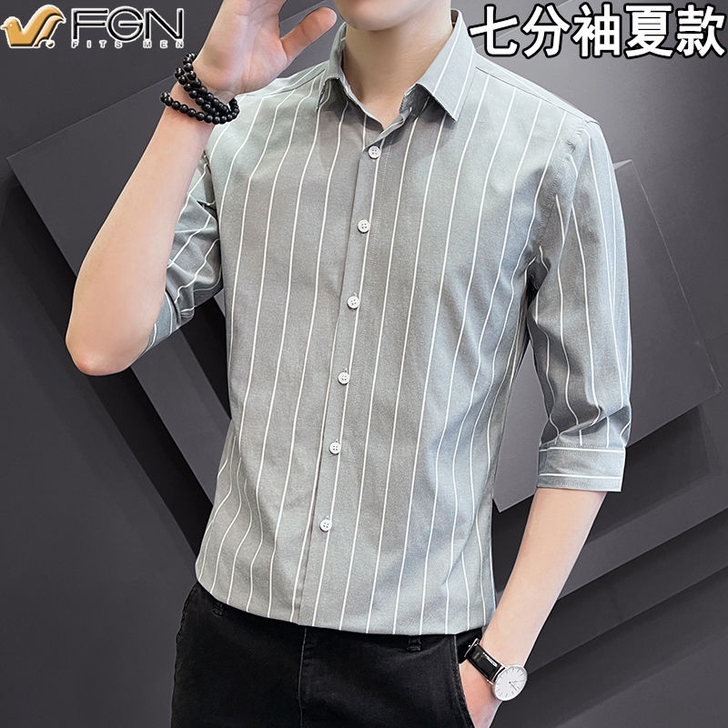 全新条纹衬衫男七分袖上衣夏季外套薄款高档男...