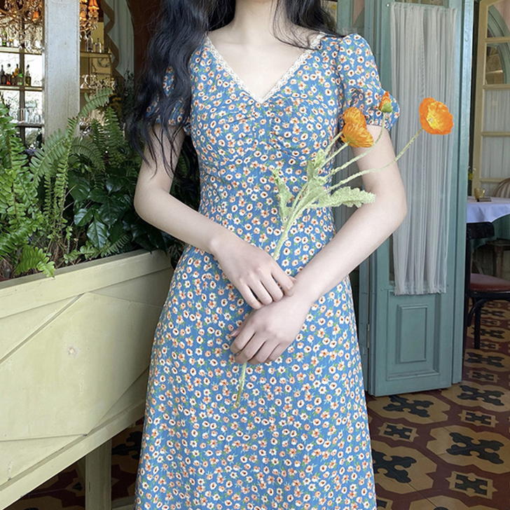 小碎花裙连衣裙小清新仙女裙150小个子长裙...