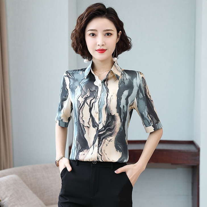 杭州重磅真丝衬衫女短袖夏新款打底上衣时尚大...