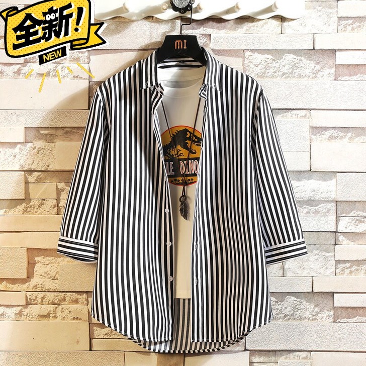 七分袖男士衬衫夏季潮流修身条纹半袖衬衣韩版...