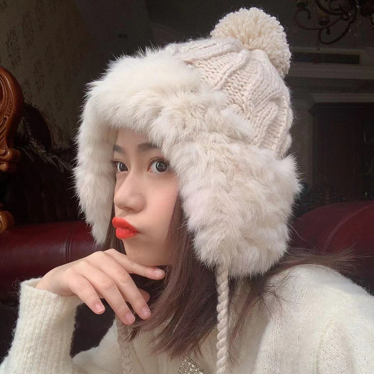 可爱兔毛帽子女秋冬季加厚护耳旅游拍照针织毛...
