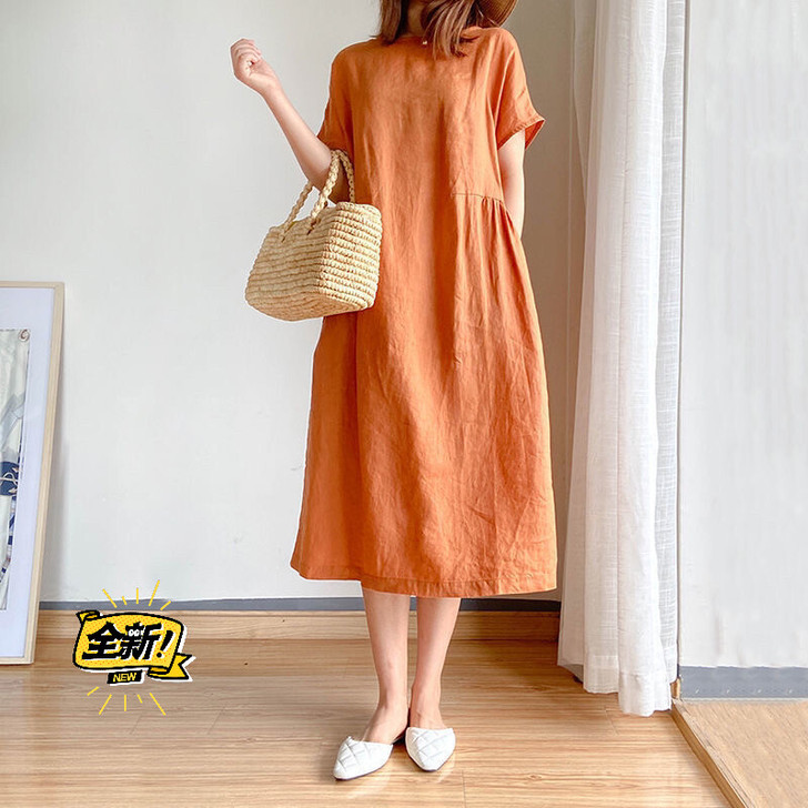 简约文艺范宽松显瘦纯棉连衣裙女夏2021新...