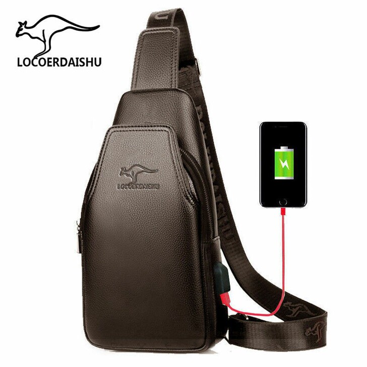 袋鼠真皮质感男士胸包休闲斜挎背包单肩包韩版...