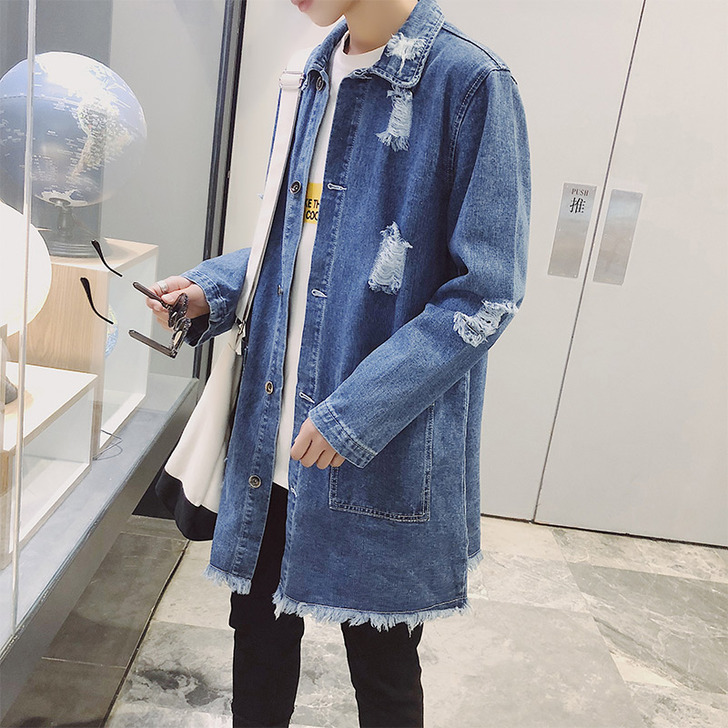 潮流牛仔外套男中长款风衣2020新款韩版破...