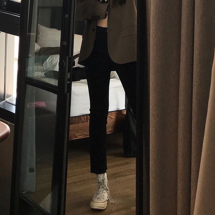 王少女的店紧修身牛仔裤新款黑色显瘦高腰九分...