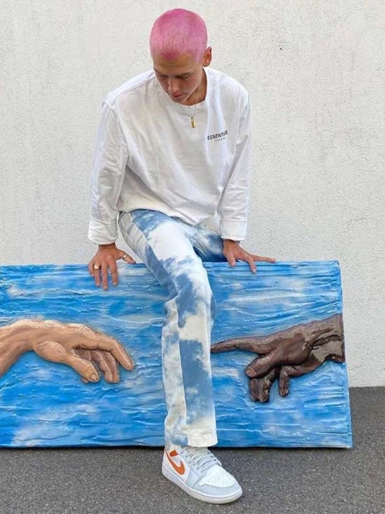 欧美高街vibe裤子男春秋渐变蓝色天空扎染...