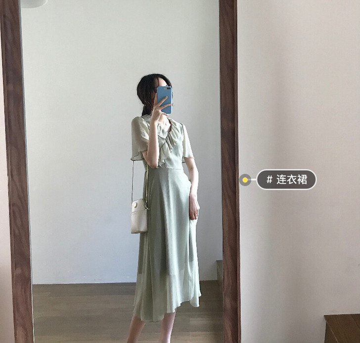 牛油果绿雪纺气质过膝长连衣裙 s码 优惠出