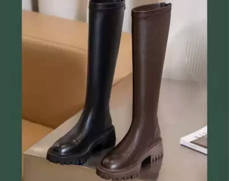 棕色长靴女小个子厚底增高长筒不过膝女潮纯皮...