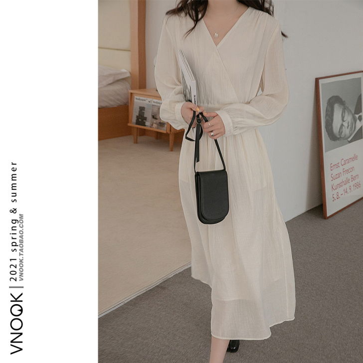 VNOOK 2021新款连衣裙女v领百搭法...