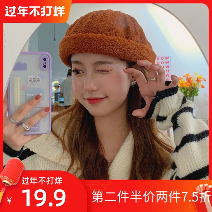 日系复古羊羔毛瓜皮帽女秋冬季雅痞地主帽子韩...