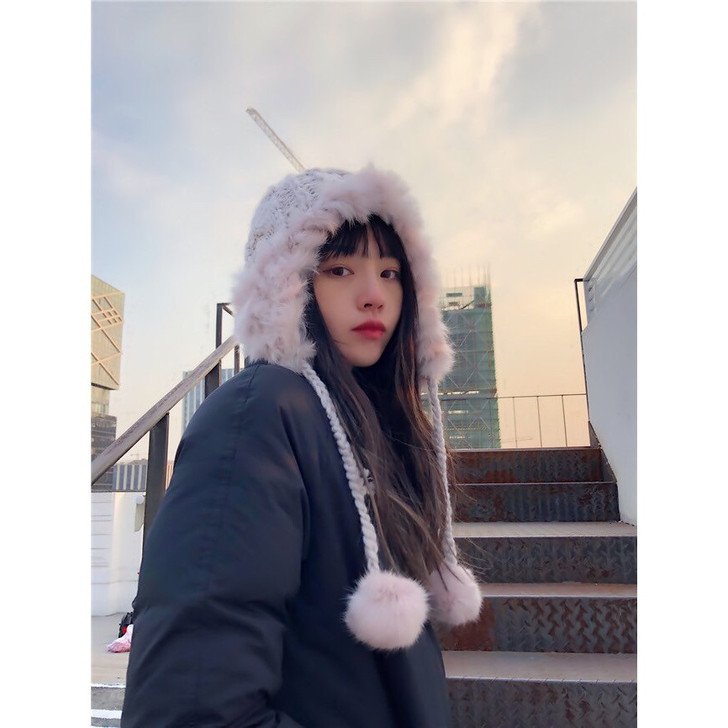 韩版纯色复古麻花兔毛毛线帽子女秋冬双层加厚...