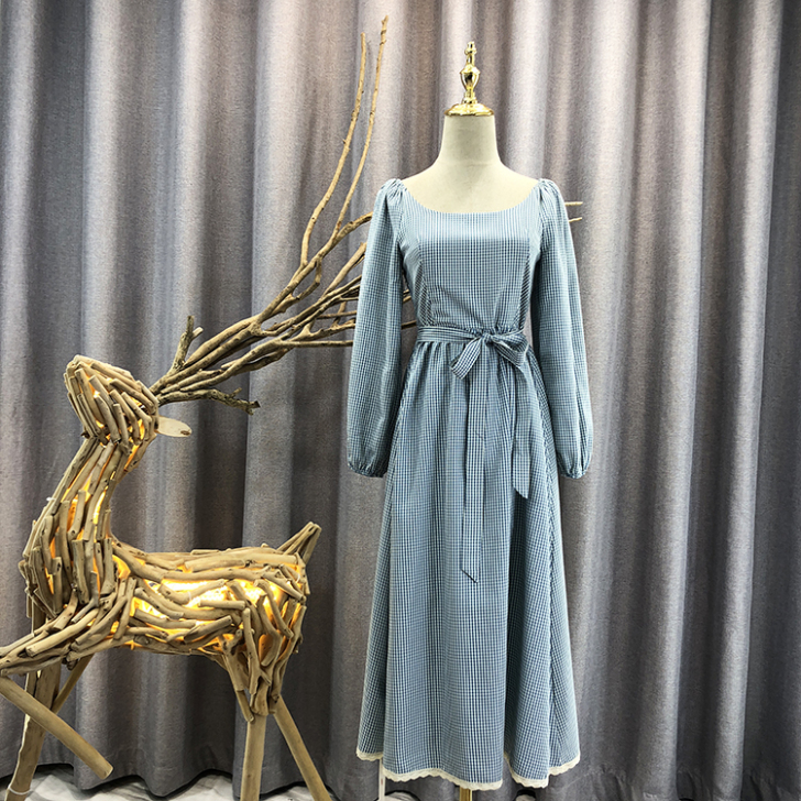 连衣裙收腰显瘦气质女秋冬大圆领格子中长裙长...