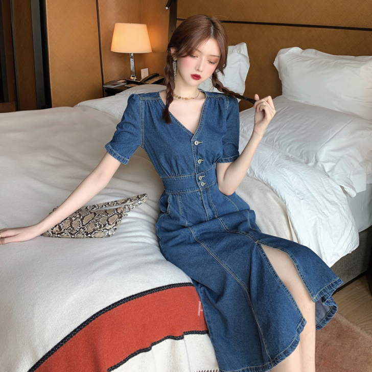 牛仔裙女2020新款夏季薄款中长款法式收腰...