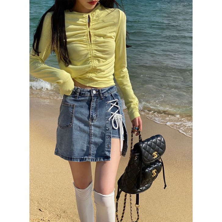 夏季款款绑带包臀裙高腰半身牛仔裙女防走光性...
