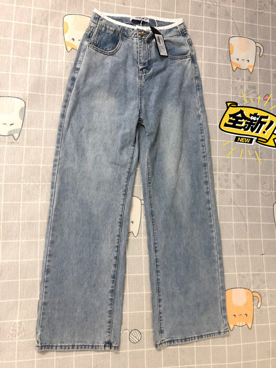 高腰阔腿裤垂直感 A字显瘦宽松拖地牛仔裤M码
