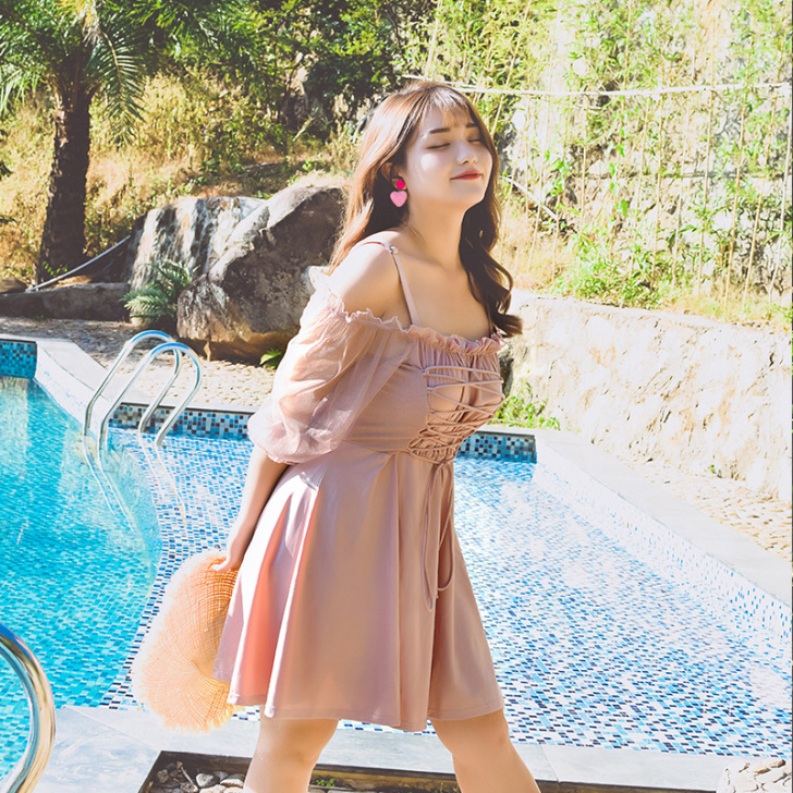 裙式大码连体泳衣女平角裙式保守遮肚显瘦温泉...