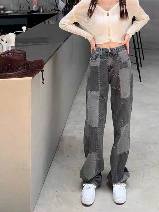 烟灰色牛仔裤女夏高腰设计感小众甜酷宽松高街...