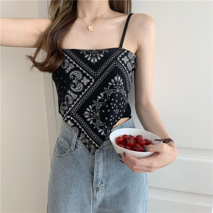 复古印花辣妹吊带背心女设计露背超火显胸三角...