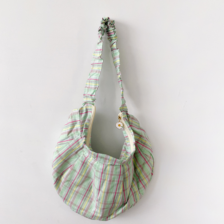 原创韩国定制格纹荷叶包森系学生斜挎包帆布包...