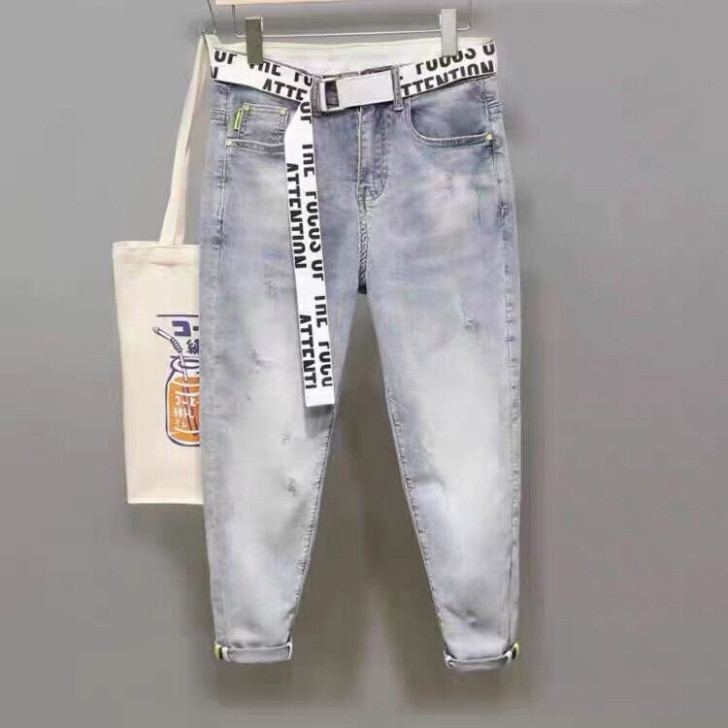 浅色印花配腰带春季薄款牛仔裤男微弹修身小脚...