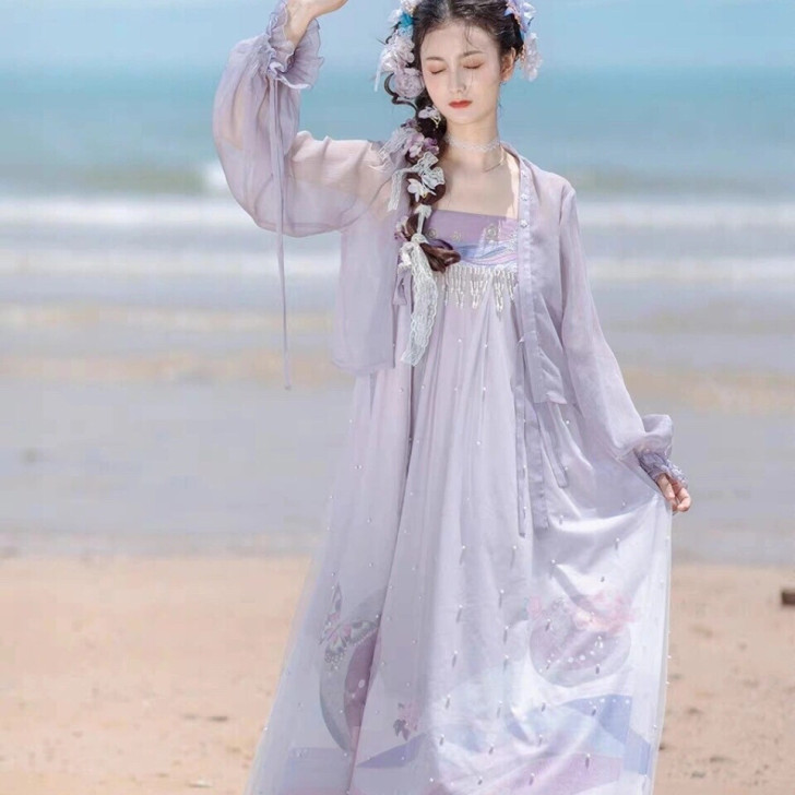 仲夏夜之梦:胧月 荷叶边袖对襟衫吊带裙汉元...