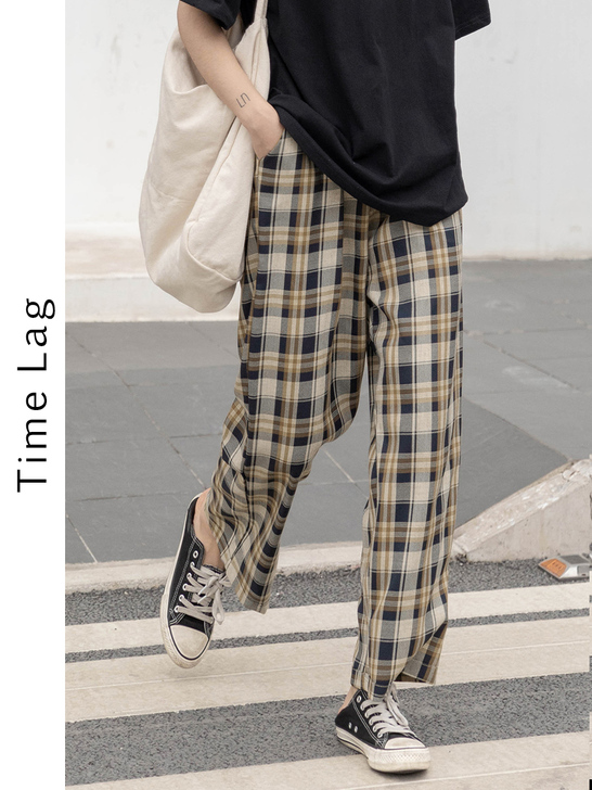 时差 复古格纹裤子女宽松直筒古着感休闲裤显...