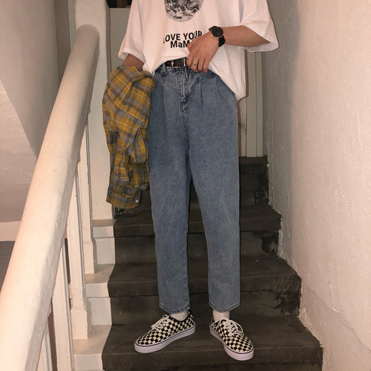 WL牛仔裤男水洗复古哈伦韩版潮流宽松老爹裤...