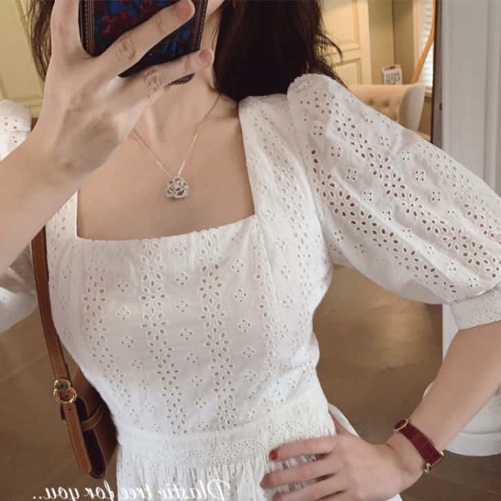 裙子女夏法式复古开叉裙短袖修身显瘦方领上衣...