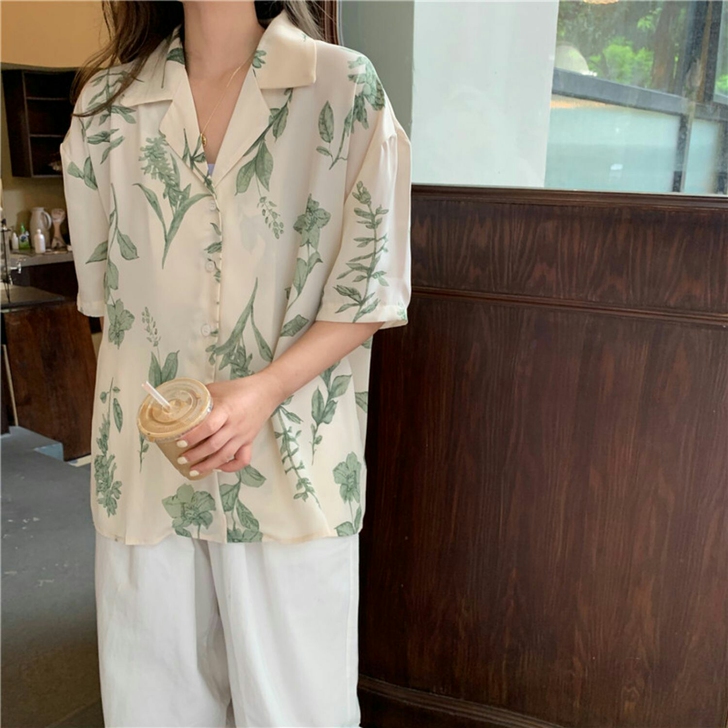 花衬衫女夏季薄款复古港风短袖设计感别致上衣...