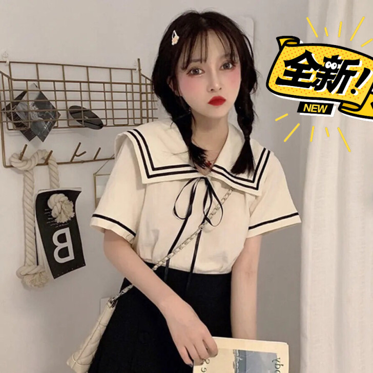 日系软妹海军领短袖衬衫女2021夏季新款学...
