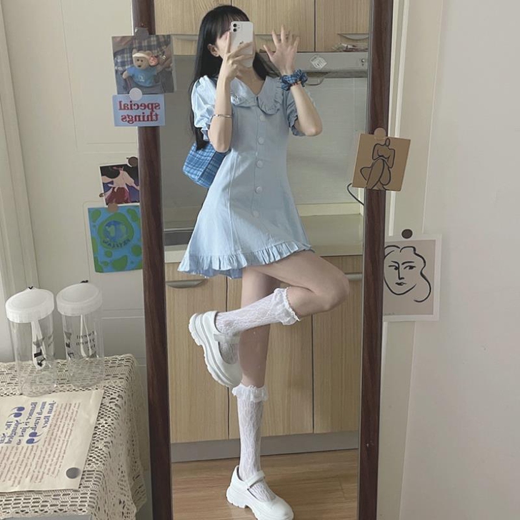 桔梗裙初恋小个子法式浅蓝色裙子女夏娃娃领泡...