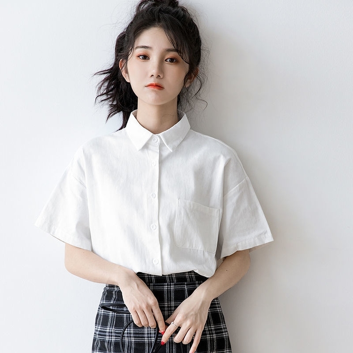 全新 夏季新款日系白色短袖衬衫女宽松大码学...