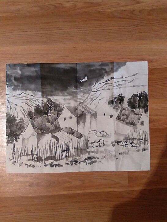 纯手工水墨山村图一幅，用笔简单大气，读此画...