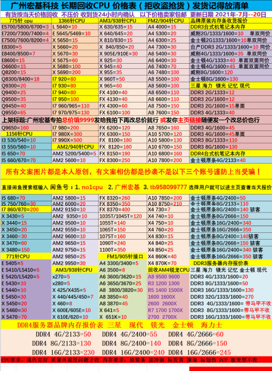 回收CPU i3 i5 i7 G AMD ...