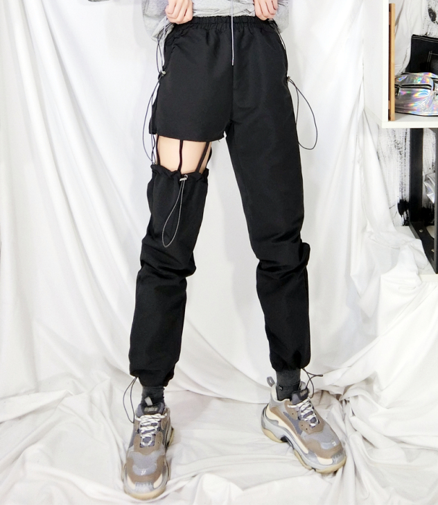 lisa同款裤破洞镂空裤子女宽松显瘦休闲哈...