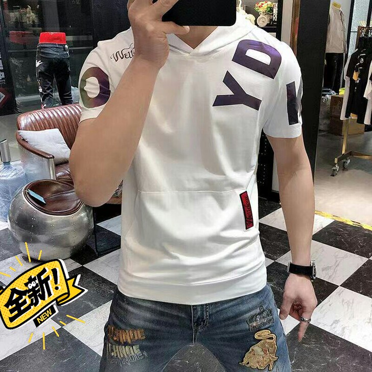 连帽短袖t恤男士2021夏季新款休闲潮流时...