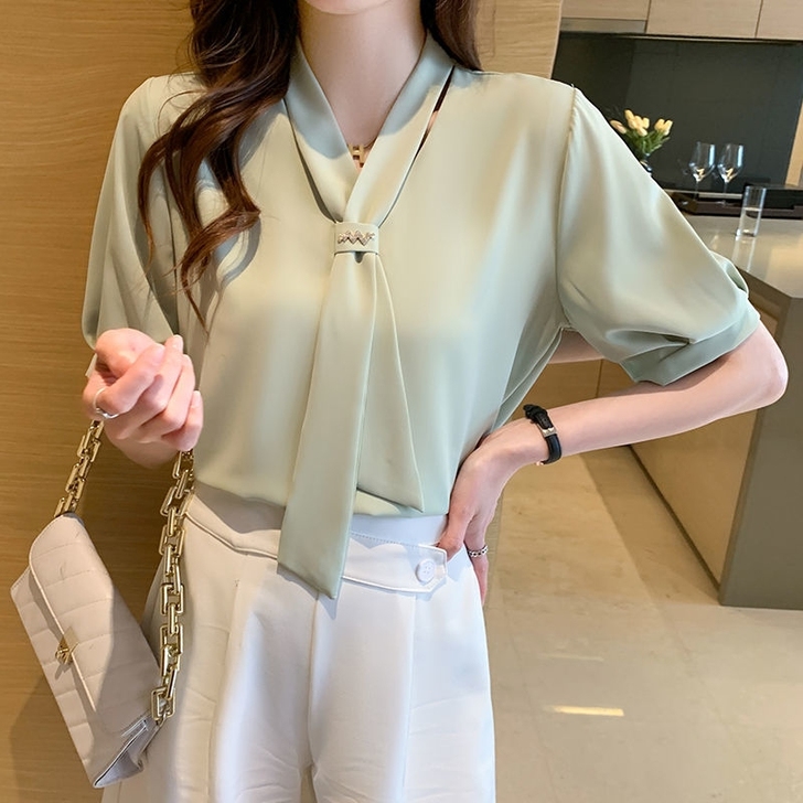 2021夏季新款衬衫韩版百搭V领蝴蝶结短袖...