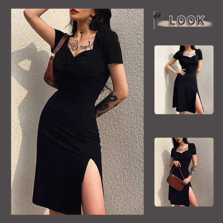 高级感气质连衣裙2021夏新款收腰显瘦黑色...